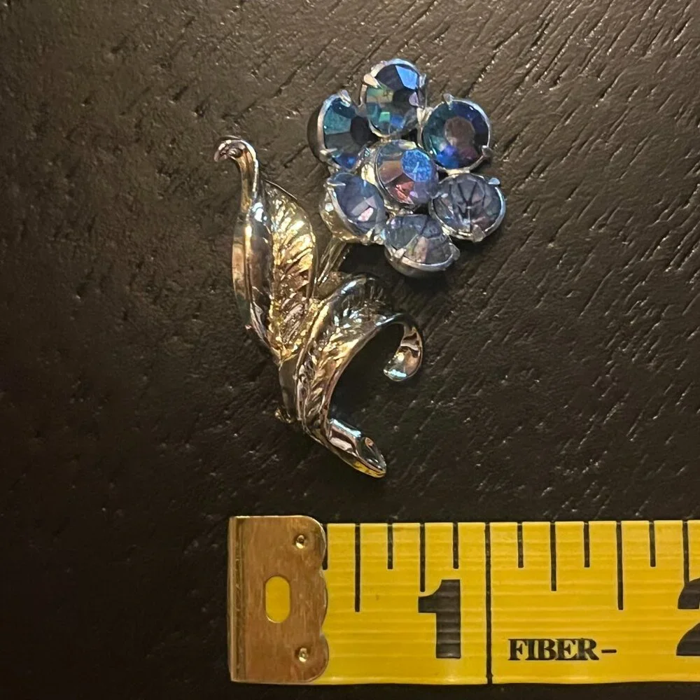 Vintage Flower Brooch with Aurora Borealis AB Blue Stones